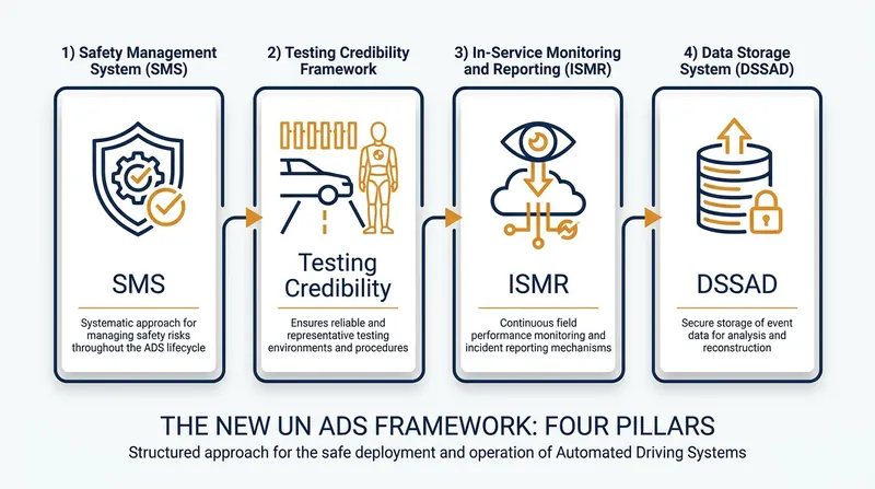 The four mandatory pillars required to validate an Automated Driving System under the 2026 UN framework.