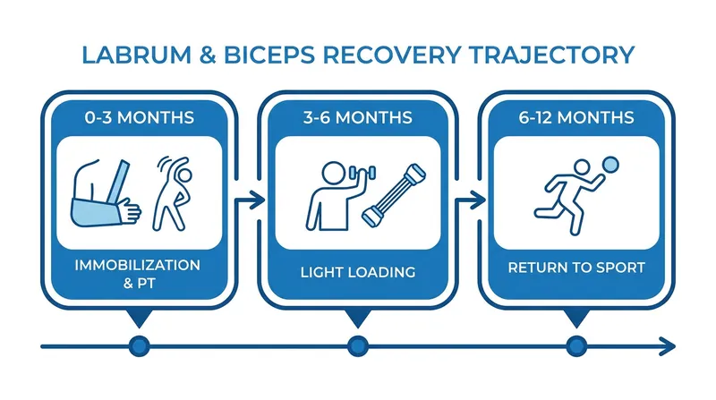 The typical 12-month rehabilitation timeline following arthroscopic shoulder repair.