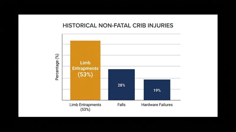 Historical CPSC data indicates that limb entrapments in rigid slats account for the majority of non-fatal crib injuries.