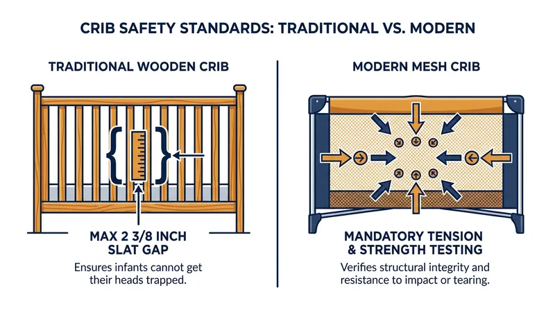 Comparing the primary safety mechanisms of legacy rigid cribs versus the new 2026 mesh standards.
