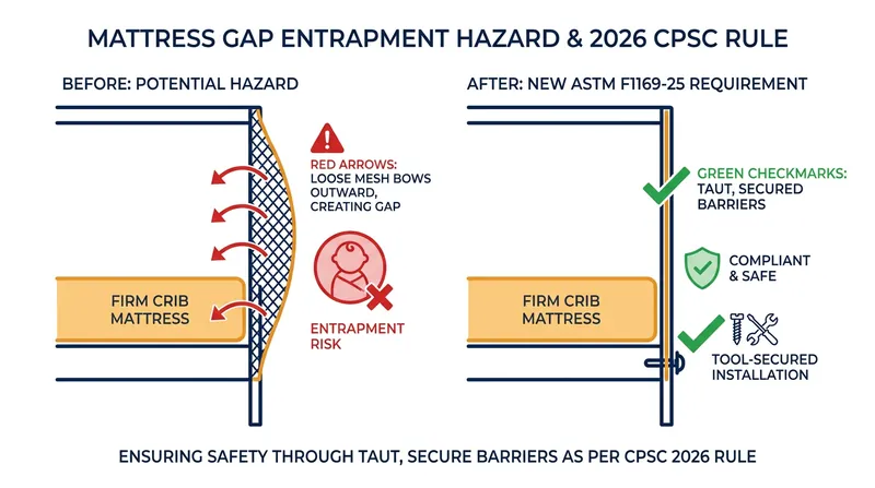 The new ASTM F1169-25 standard requires severe tension testing to prevent the mesh from stretching and creating a suffocation gap next to the mattress.