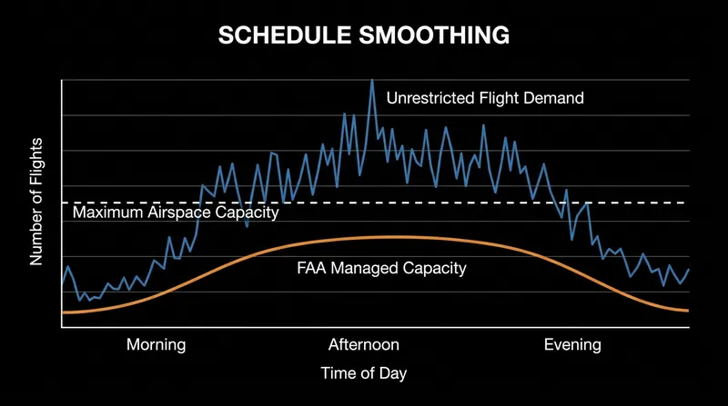 Schedule facilitation smooths out peak demand, ensuring flight volumes never exceed what air traffic controllers can safely manage.