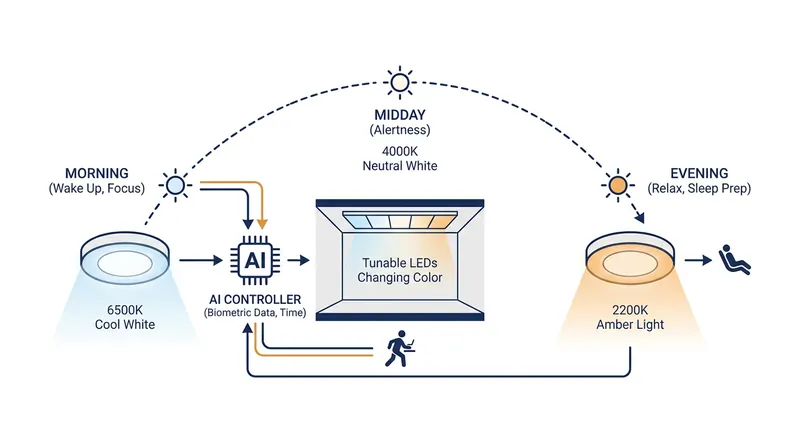 Circadian lighting systems automatically adjust color temperature to support natural cortisol and melatonin cycles.