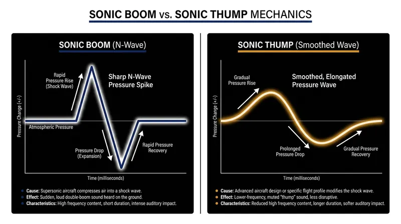 Aerodynamic shaping stretches the traditional sonic boom into a quieter 'sonic thump.'