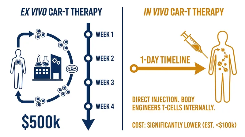 By eliminating laboratory manufacturing, in vivo therapies drastically reduce both wait times and production costs.