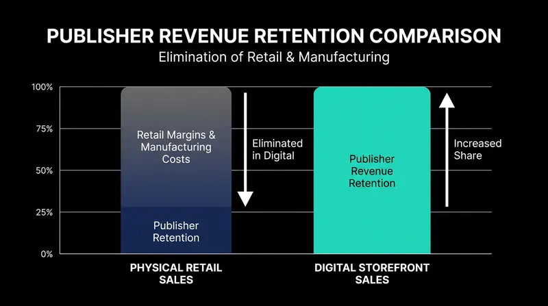 Digital distribution allows publishers to bypass retail margins and manufacturing costs.