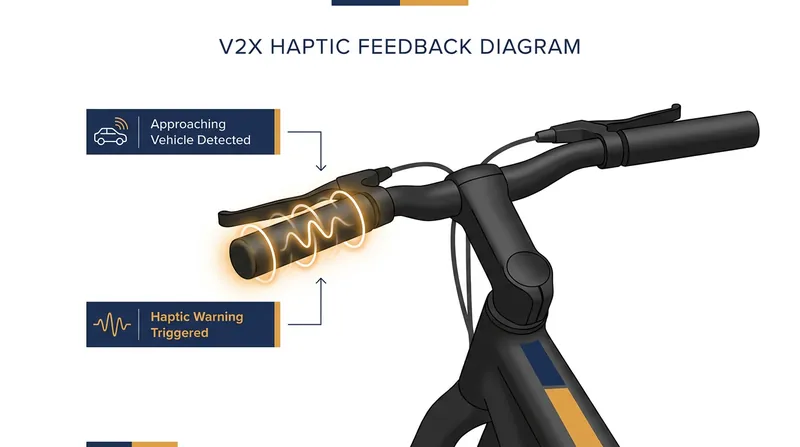 Instead of distracting screens, V2X-equipped bikes use haptic vibrations in the handlebars to warn riders of unseen hazards.