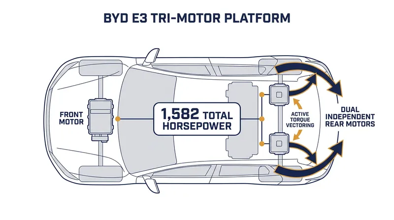 The Denza Z utilizes BYD's e3 platform, featuring three independent motors for advanced torque vectoring.