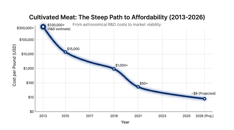 The cost to produce cultivated meat has plummeted, though achieving true price parity with conventional meat remains a challenge.