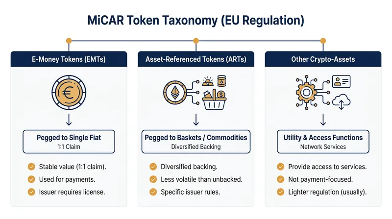 MiCAR categorizes digital assets based on their economic function and backing mechanism.