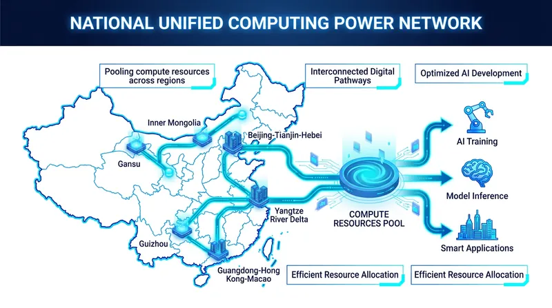 The National Unified Computing Power Network pools hardware resources to maximize AI development efficiency.