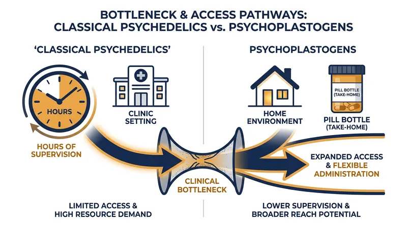 Psychoplastogens bypass the need for supervised clinical sessions, allowing for at-home administration.