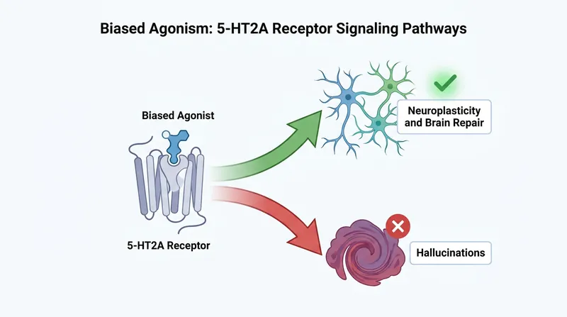 Biased agonists trigger the cellular pathways for brain repair while avoiding the pathways that cause perceptual distortions.