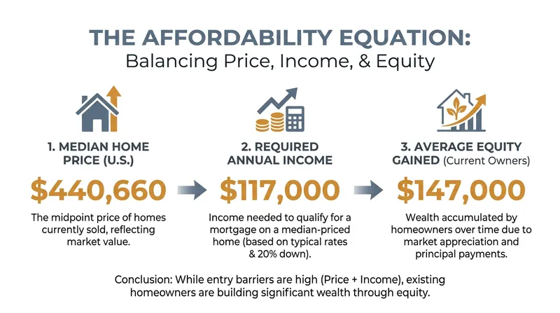 The financial realities of the 2026 housing market highlight a stark divide between the wealth gained by existing owners and the income required for new buyers.