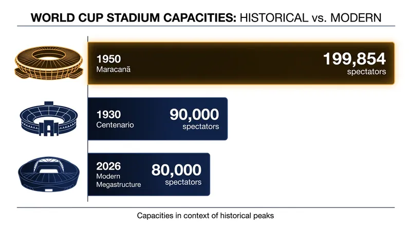 The pursuit of scale peaked in 1950 with the Maracanã, before modern stadiums traded raw capacity for broadcast infrastructure and hospitality.