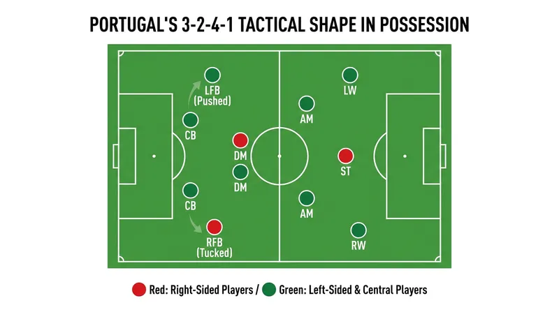 Portugal's fluid build-up often shifts into a 3-2-4-1, allowing playmakers to operate in the half-spaces.
