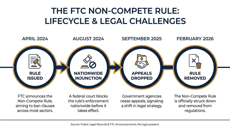 Timeline of the FTC's attempt to ban non-compete agreements nationwide.