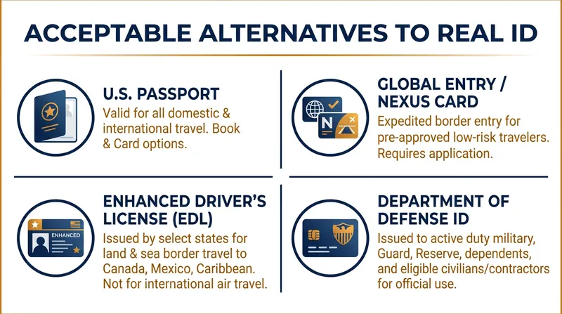 Travelers without a REAL ID-compliant state license can still avoid the $45 fee by presenting these alternative documents.