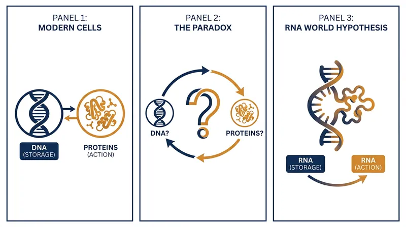 The RNA World hypothesis posits that early life relied on a single molecule to both store data and catalyze reactions.