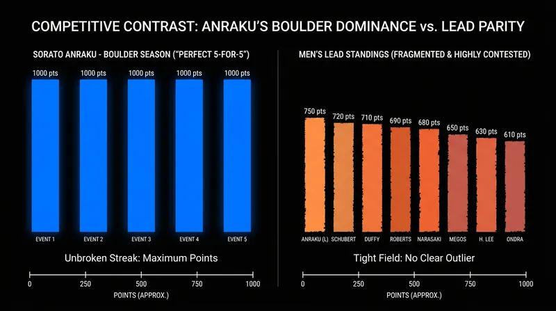 Anraku's runaway Boulder season contrasts sharply with the tightly packed Lead leaderboard.