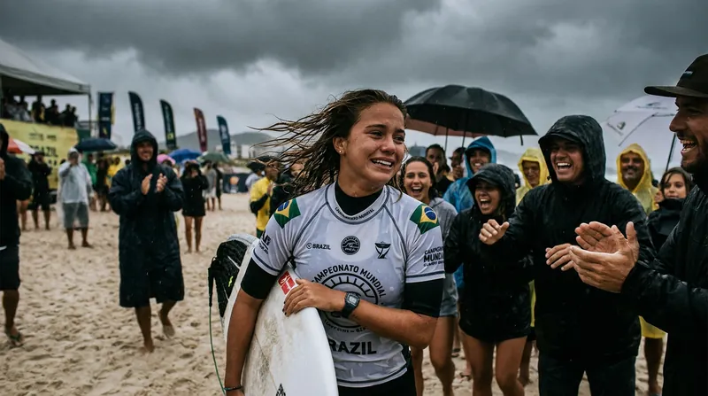 Zebrowski celebrates her historic finals run on the beach in Saquarema.