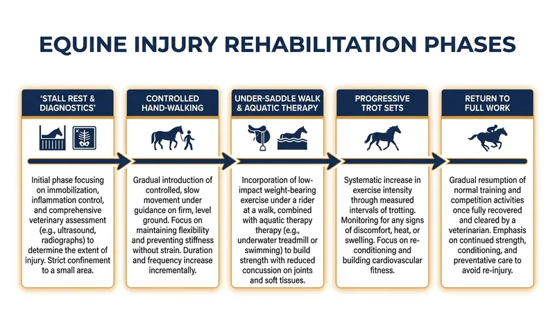 A structured, phased approach is critical for returning an injured sport horse to full competition.