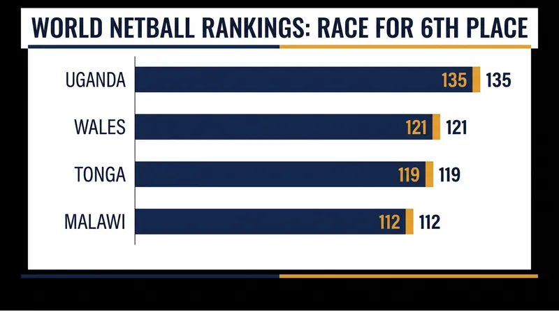 The current World Netball ratings highlight the narrow 14-point gap between Uganda and Wales.