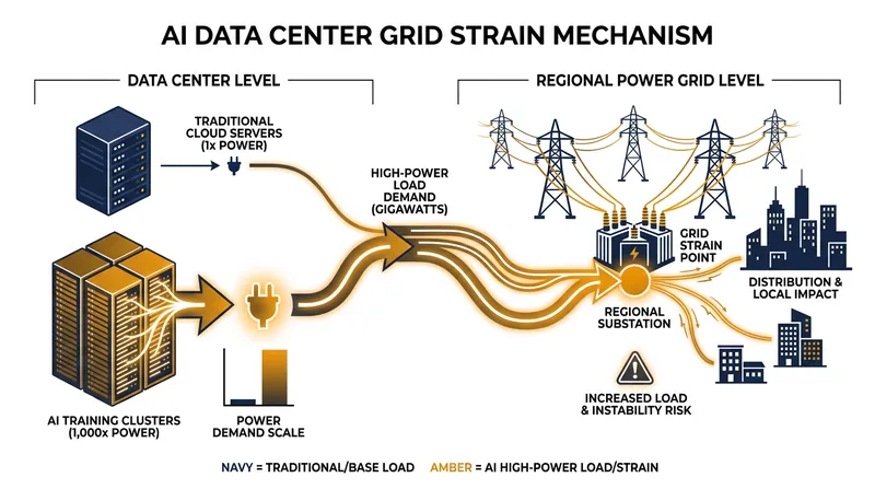 AI workloads require exponentially more electricity than traditional web hosting, fundamentally altering regional grid demands.
