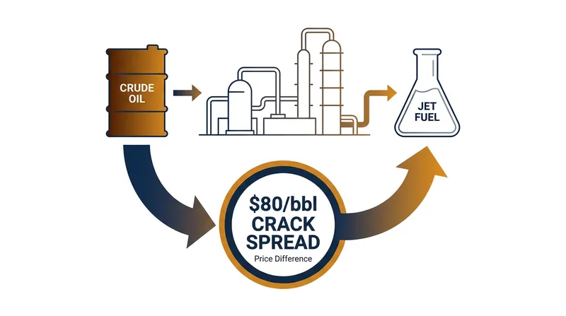 The 'crack spread' between crude oil and refined jet fuel reached a record $80 per barrel in April 2026.
