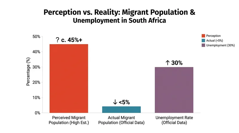 The gap between the actual migrant population and the country's economic struggles highlights the scapegoating dynamic.