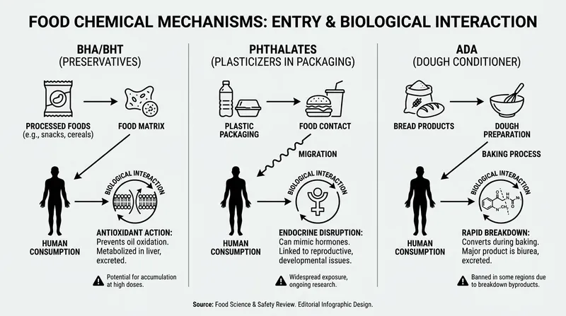 The mechanisms of harm associated with BHA, phthalates, and azodicarbonamide.