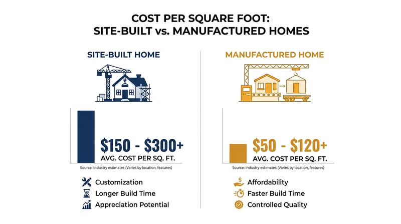 Manufactured homes consistently cost significantly less per square foot than traditional site-built construction.
