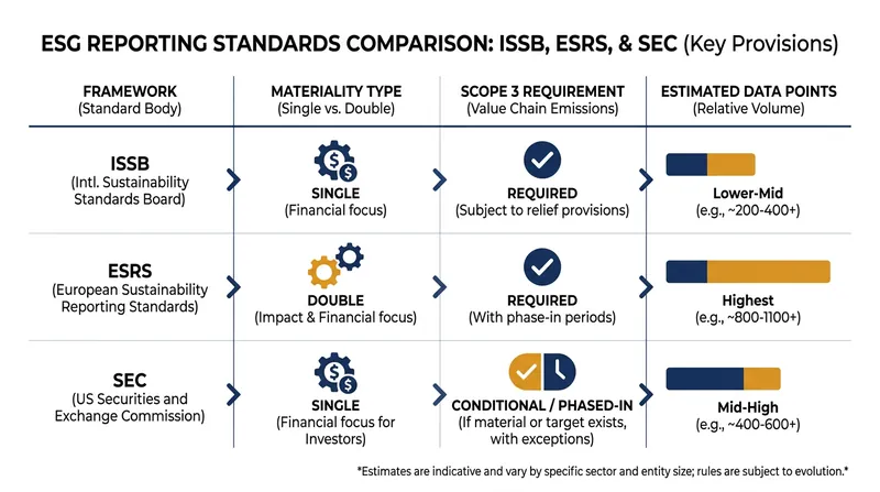 A side-by-side comparison of the three dominant sustainability reporting frameworks.