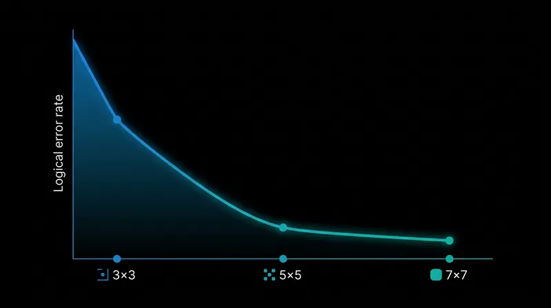 As the surface code grid expands, the logical error rate drops exponentially—crossing the fault-tolerant threshold.