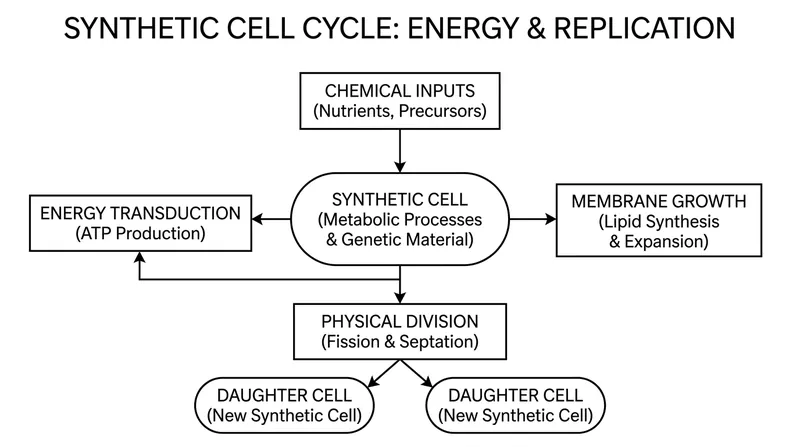 The synthetic cell harvests energy from chemical gradients to power its internal replication and trigger physical division.