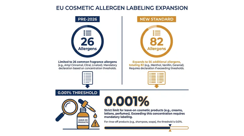 The 2026 mandate more than triples the number of fragrance compounds that must be explicitly disclosed.