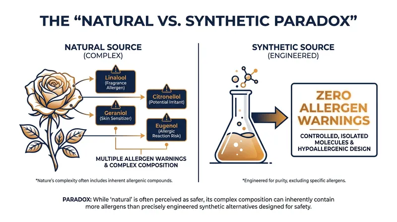 Ironically, natural essential oils trigger far more allergen warnings than many lab-created synthetic fragrances.