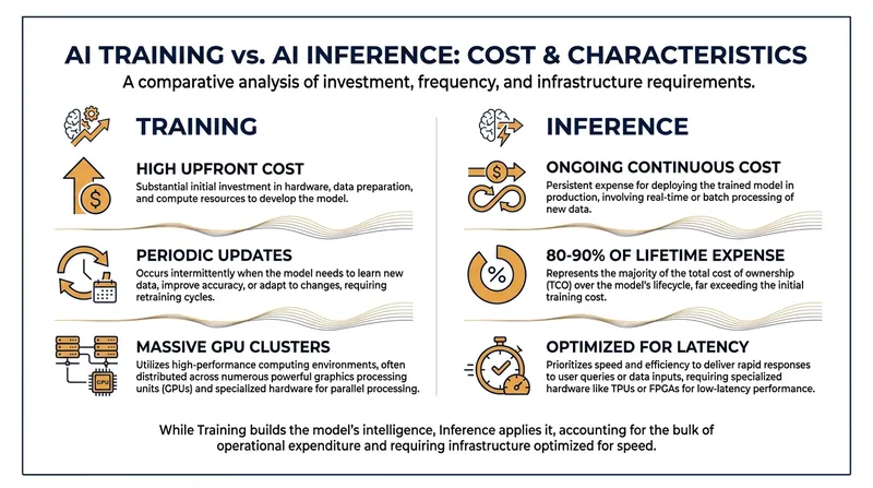 While training requires massive upfront investment, inference accounts for the vast majority of an AI model's lifetime cost.