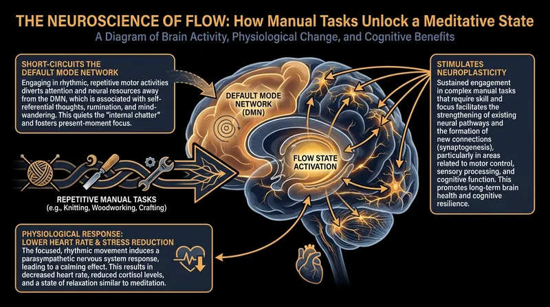 The repetitive motions of crafting induce a 'flow state' that actively calms the parasympathetic nervous system.