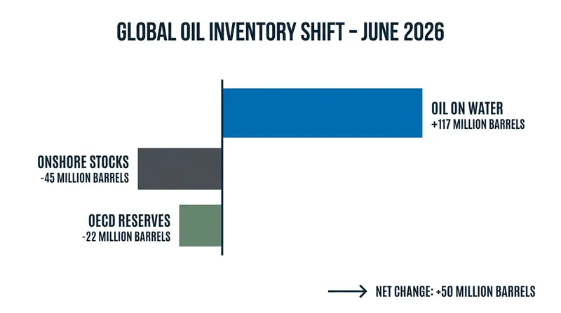 Global inventories rose in June entirely due to a 117 million barrel surge in oil currently in transit aboard ships.
