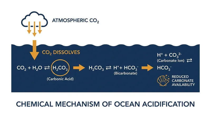 How carbon dioxide emissions fundamentally alter the pH and carbonate availability of seawater.