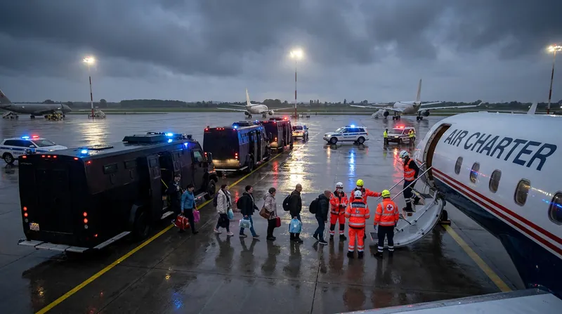 Passengers were transferred directly from secure buses to waiting charter flights, bypassing public airport terminals entirely.
