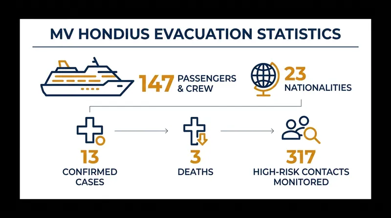 The scale of the MV Hondius outbreak and the subsequent global tracing effort.