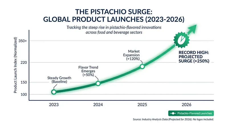 The viral 'Dubai chocolate' trend catalyzed a massive spike in pistachio-based dessert launches.