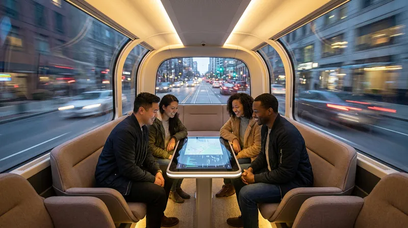 The 'campfire' seating arrangement prioritizes passenger interaction and comfort over forward-facing driving mechanics.