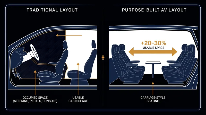 Removing the steering column and pedal box reclaims up to 30% of a vehicle's interior volume.