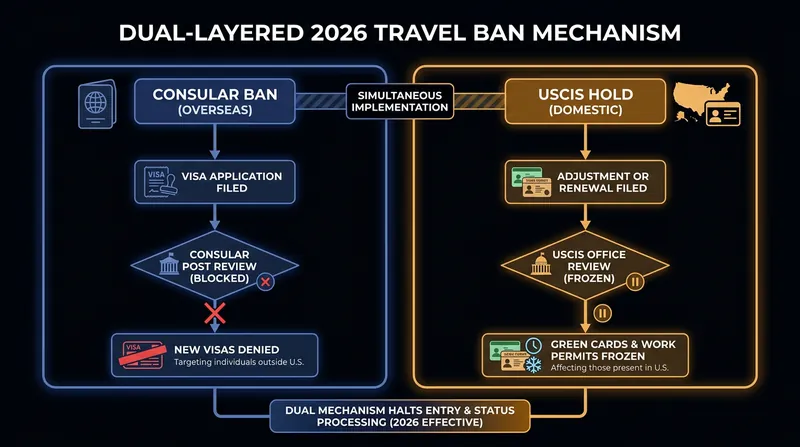 The restrictions operated on two fronts: an overseas ban on new visas and a domestic freeze on immigration benefits.