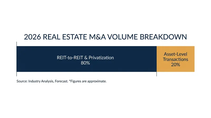 Corporate-level mergers and take-private deals now dominate real estate transaction volume.