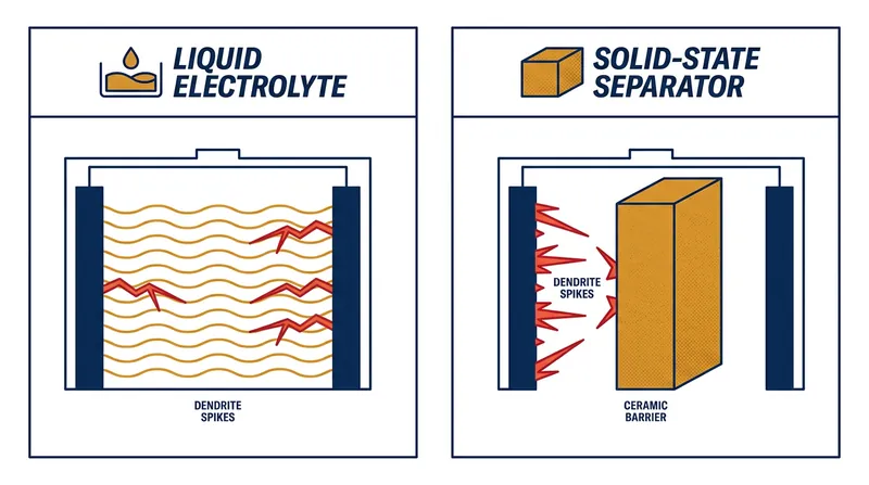 Unlike liquid electrolytes, solid separators physically block the formation of microscopic dendrites that cause short circuits.