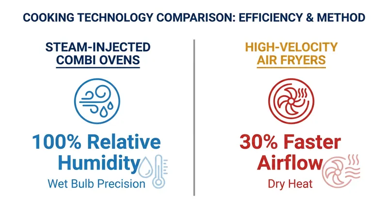 Combi ovens utilize water boilers to control humidity, while air fryers rely entirely on dry, rapid airflow.